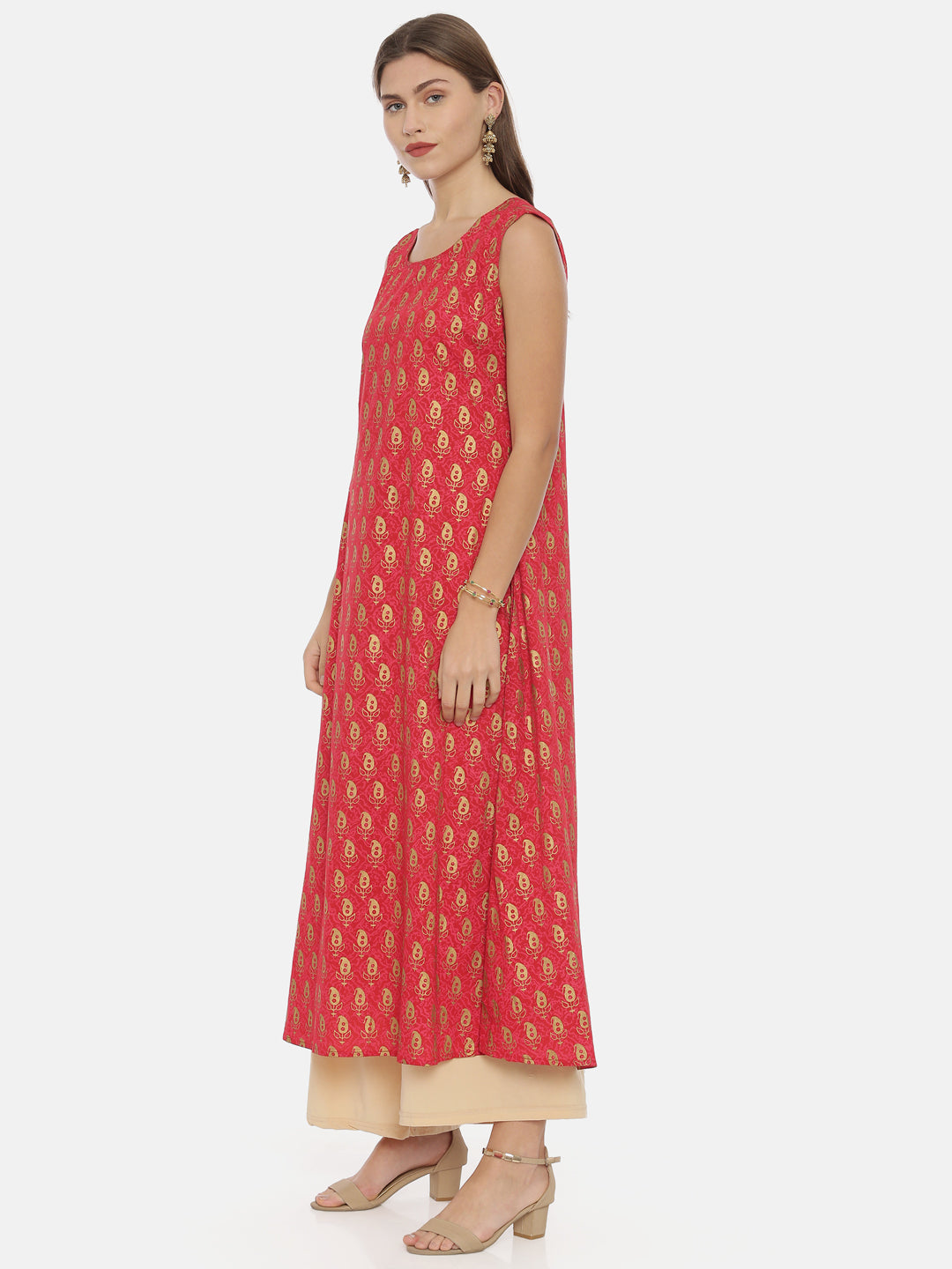 Neeru's Women Red Gold-Toned Printed Straight Kurta