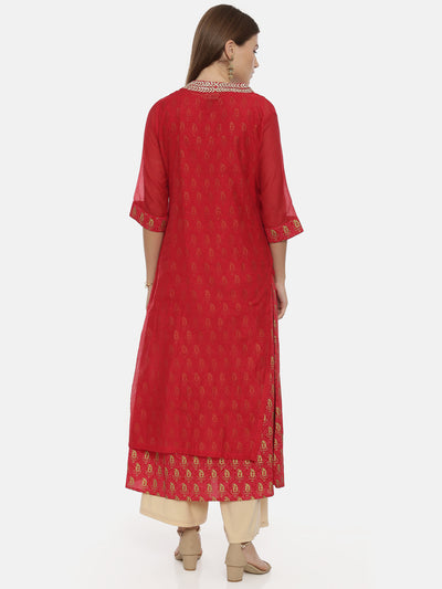 Neeru's Women Red Gold-Toned Printed Straight Kurta