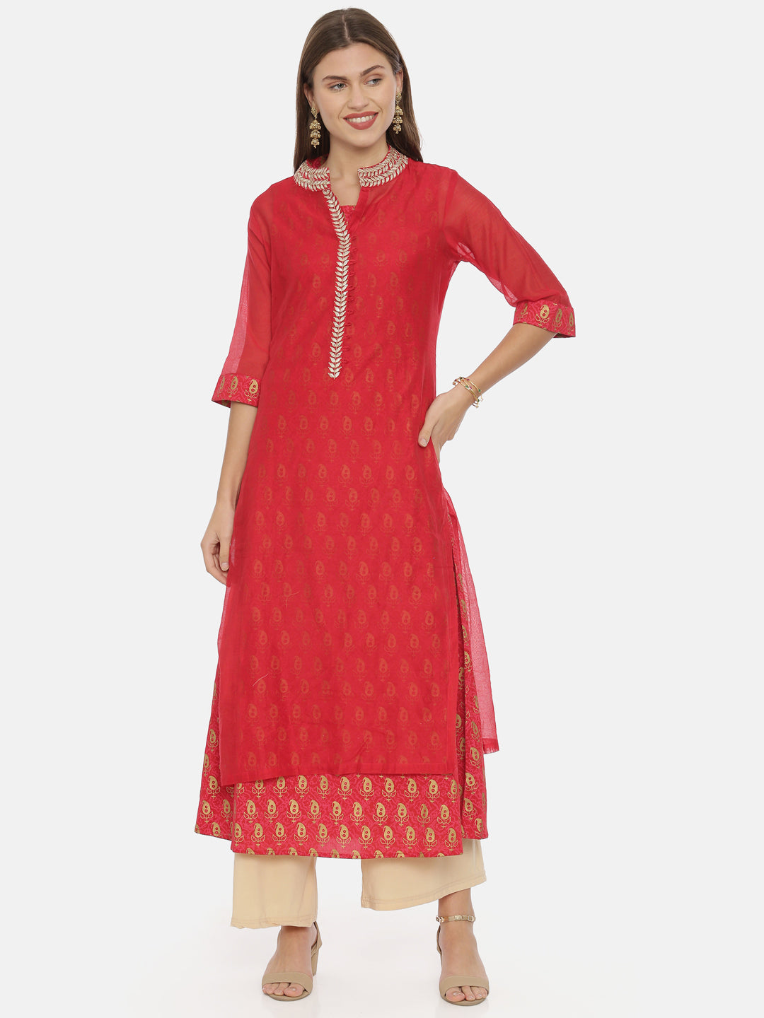 Neeru's Women Red Gold-Toned Printed Straight Kurta