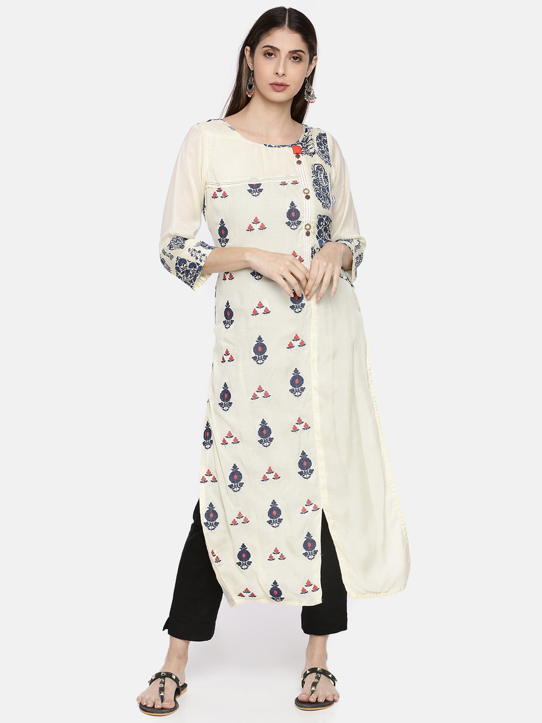 Neeru's Women Cream-Coloured Navy Blue Printed Straight Kurta