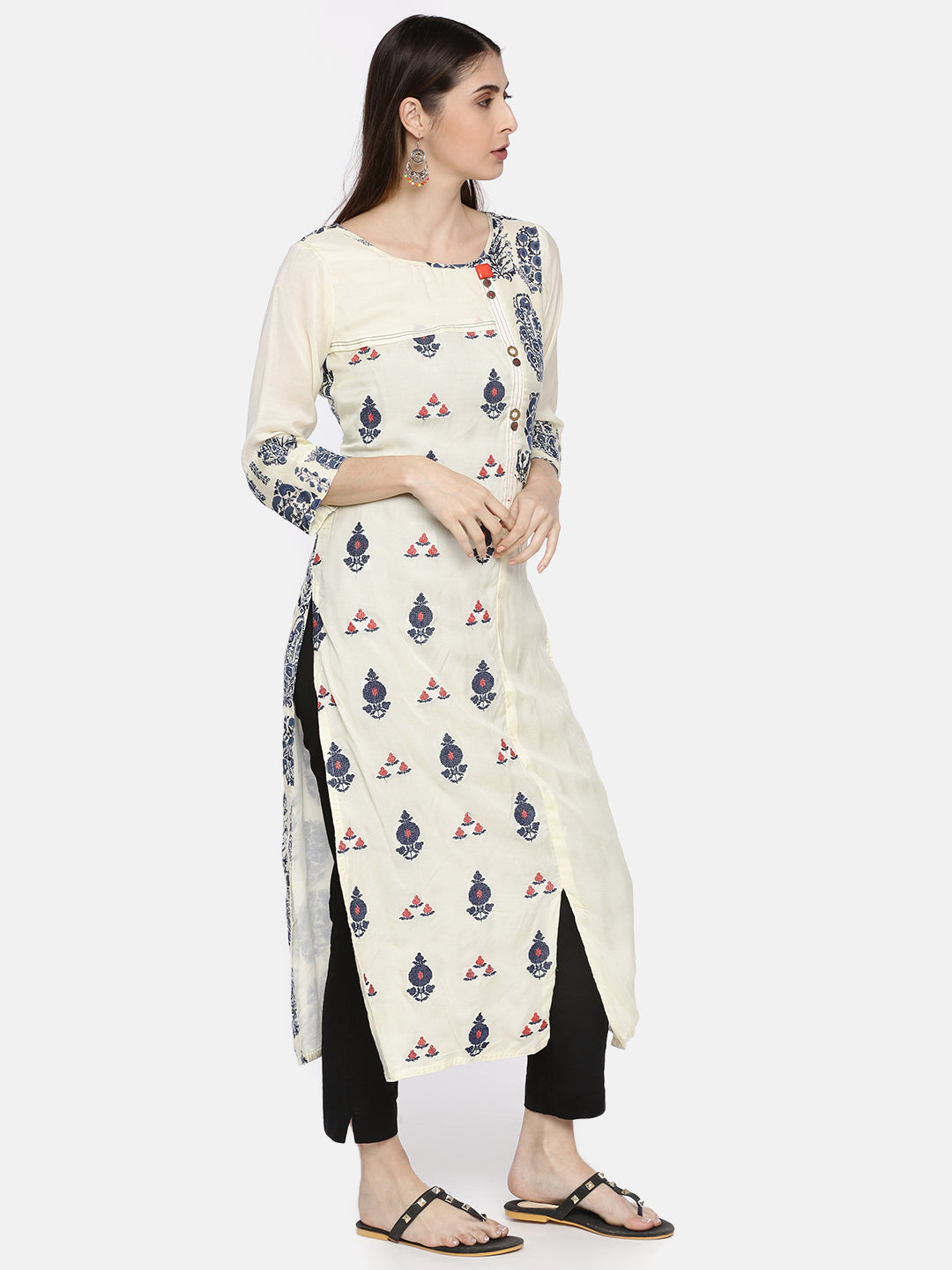 Neeru's Women Cream-Coloured Navy Blue Printed Straight Kurta