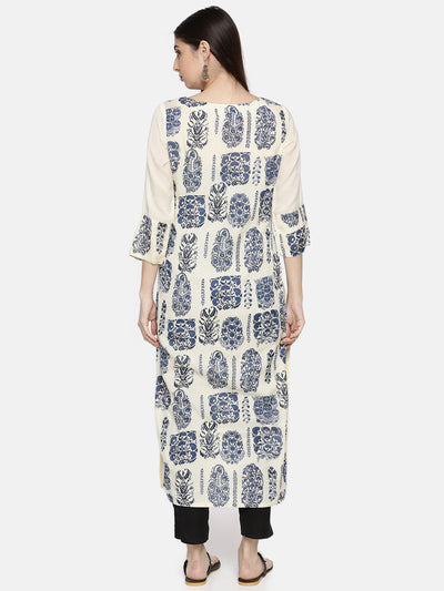 Neeru's Women Cream-Coloured Navy Blue Printed Straight Kurta