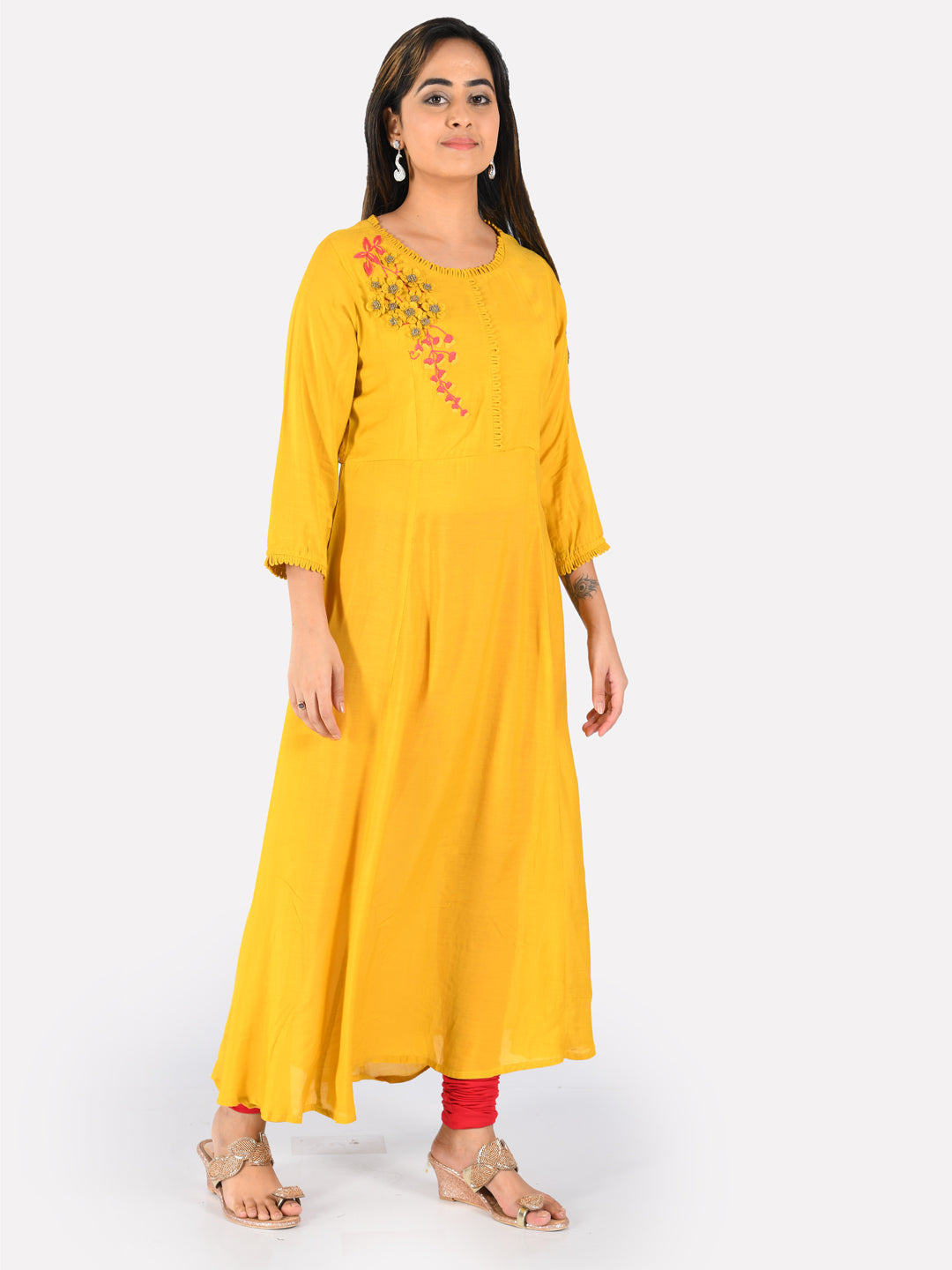 Neeru's Yellow Embroidered Fit & Flare Kurta