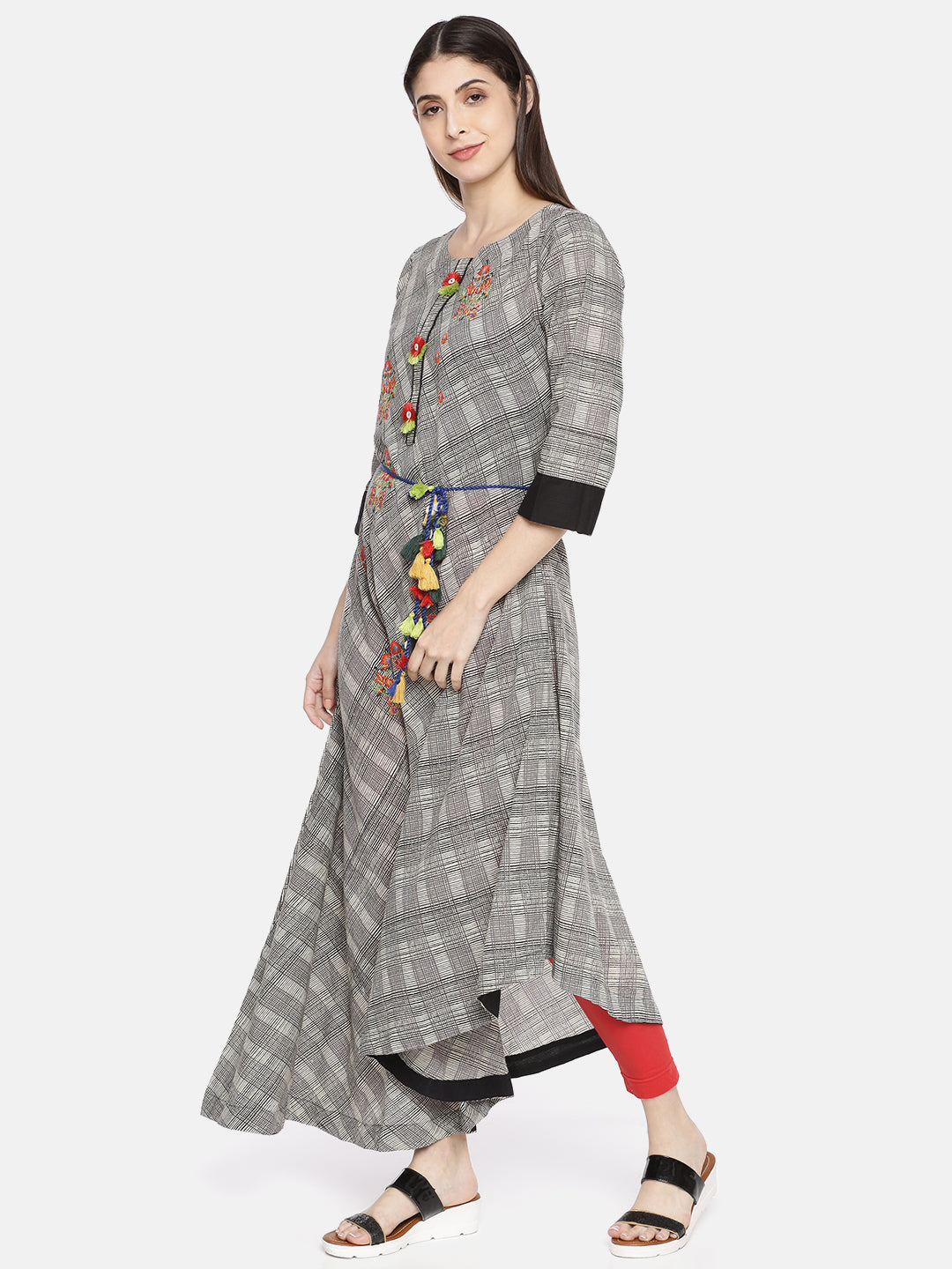 Neeru's Black & Grey Embroidered High Low Kurta