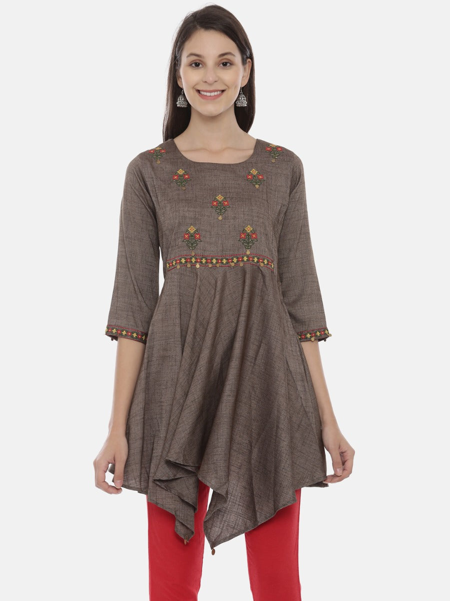 Neeru's Grey Embroidered High Low Kurta