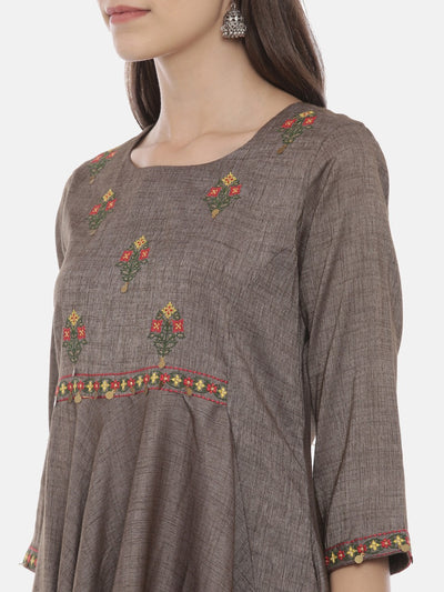 Neeru's Grey Embroidered High Low Kurta