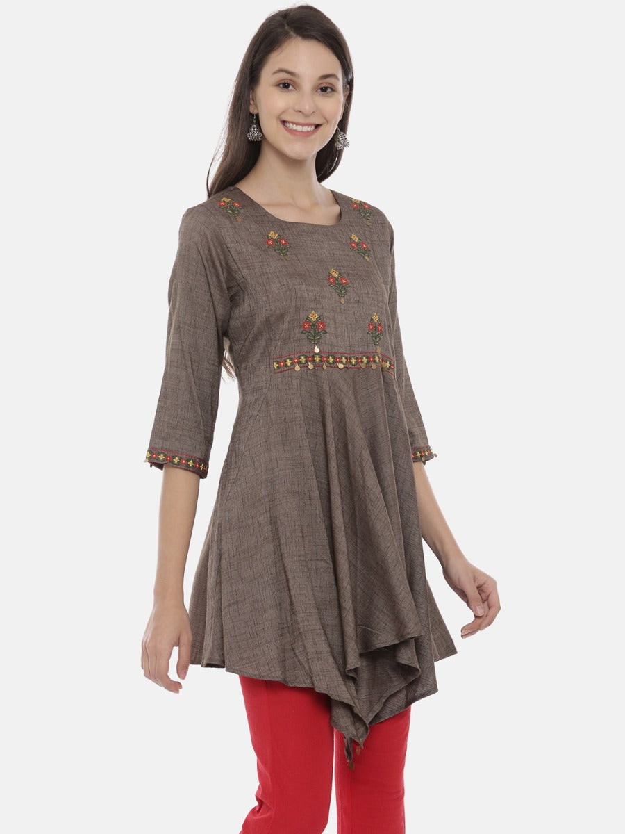 Neeru's Grey Embroidered High Low Kurta