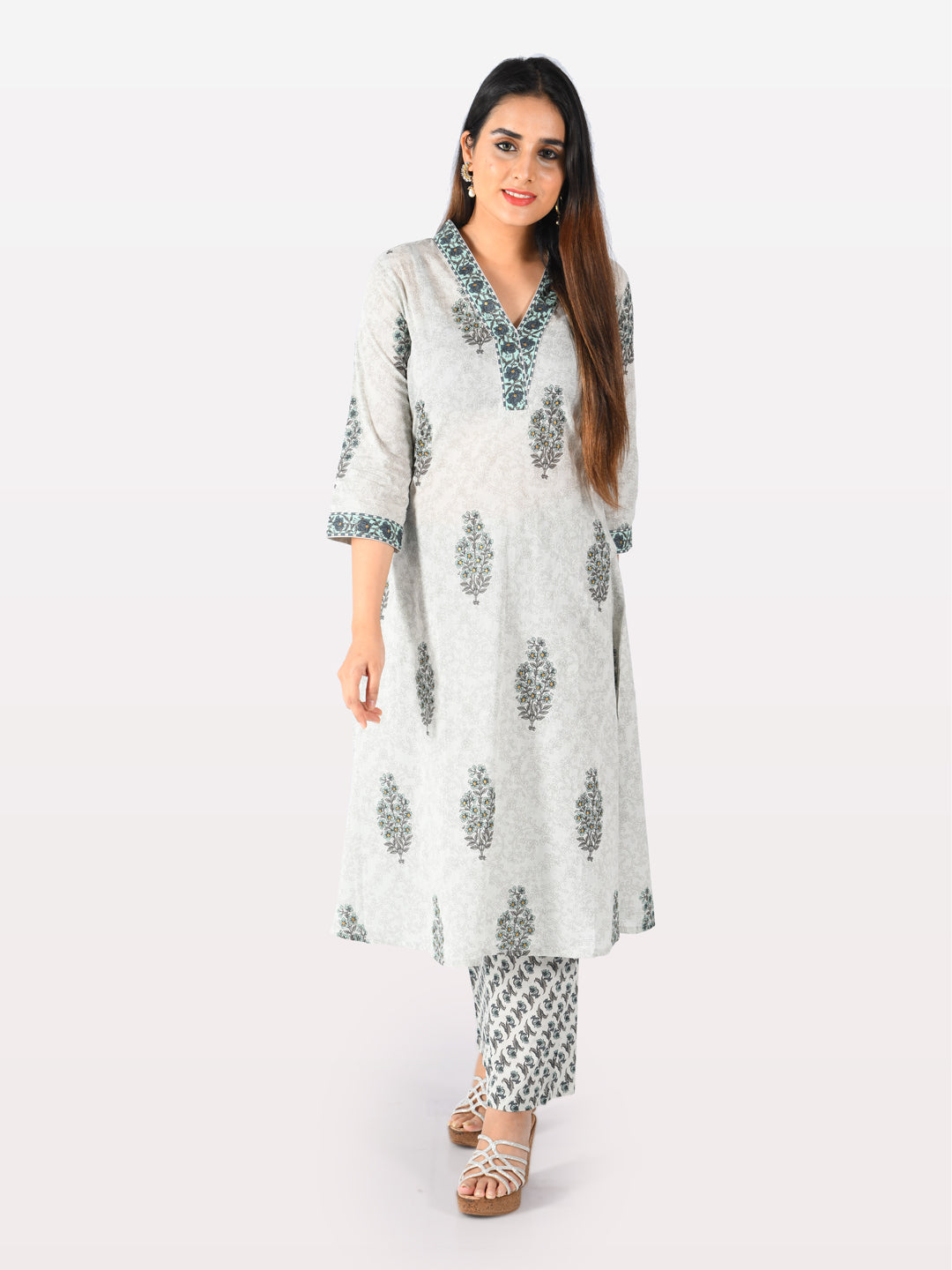 Neeru's Grey Printed A Line Kurta