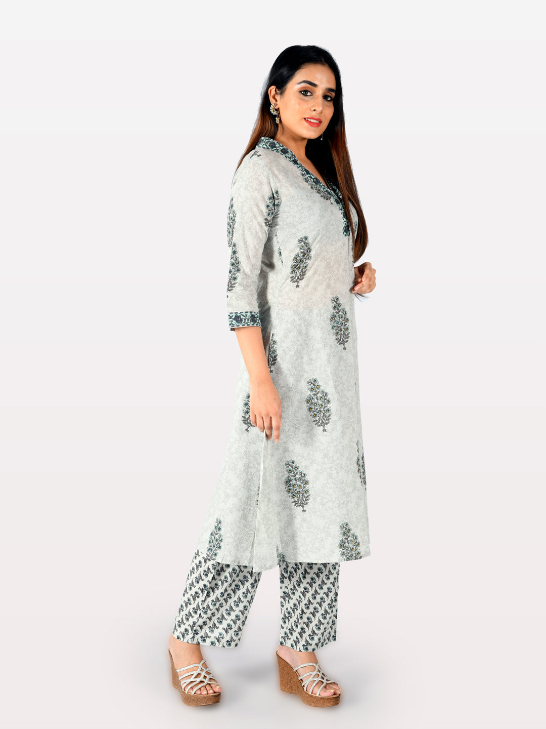 Neeru's Grey Printed A Line Kurta