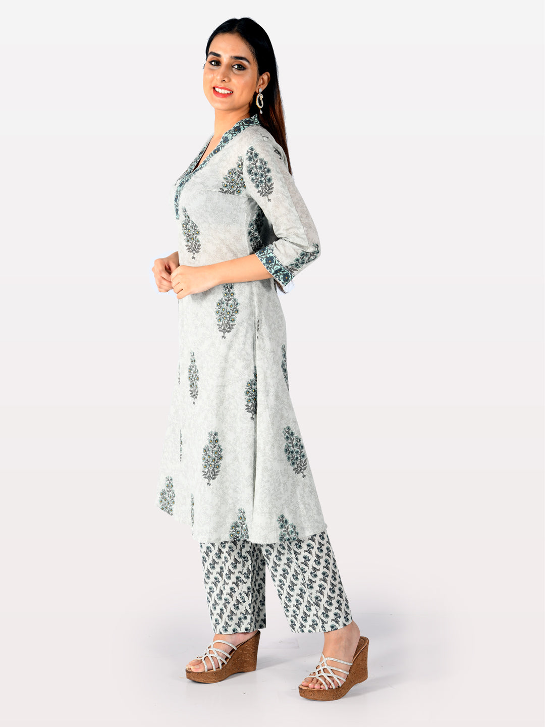 Neeru's Grey Printed A Line Kurta