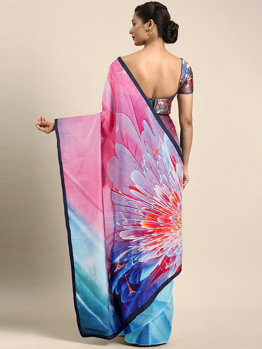 Neeru's Blue & Pink Printed Saree With Blouse