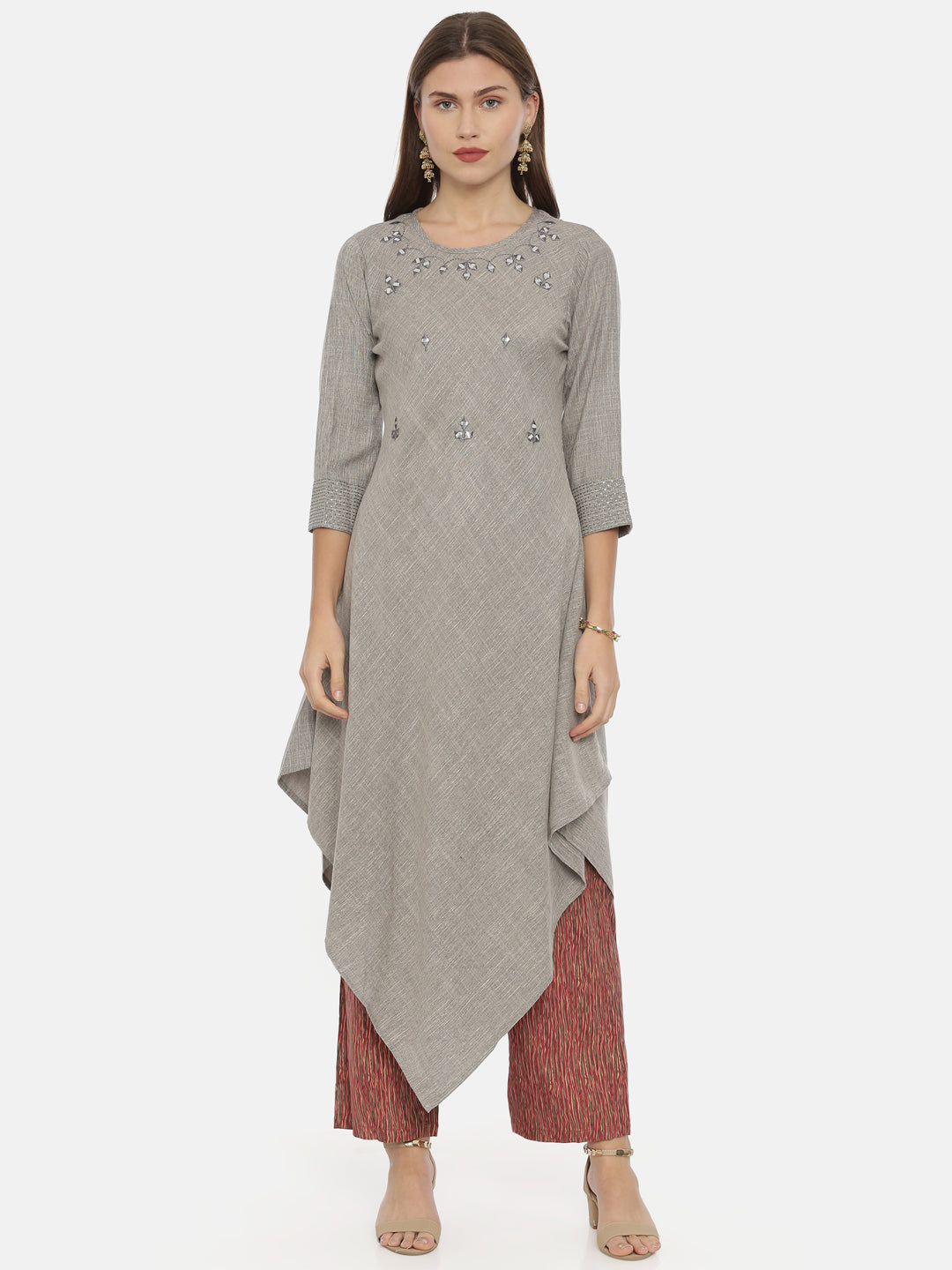 Neeru's Grey Embellished High Low Kurta