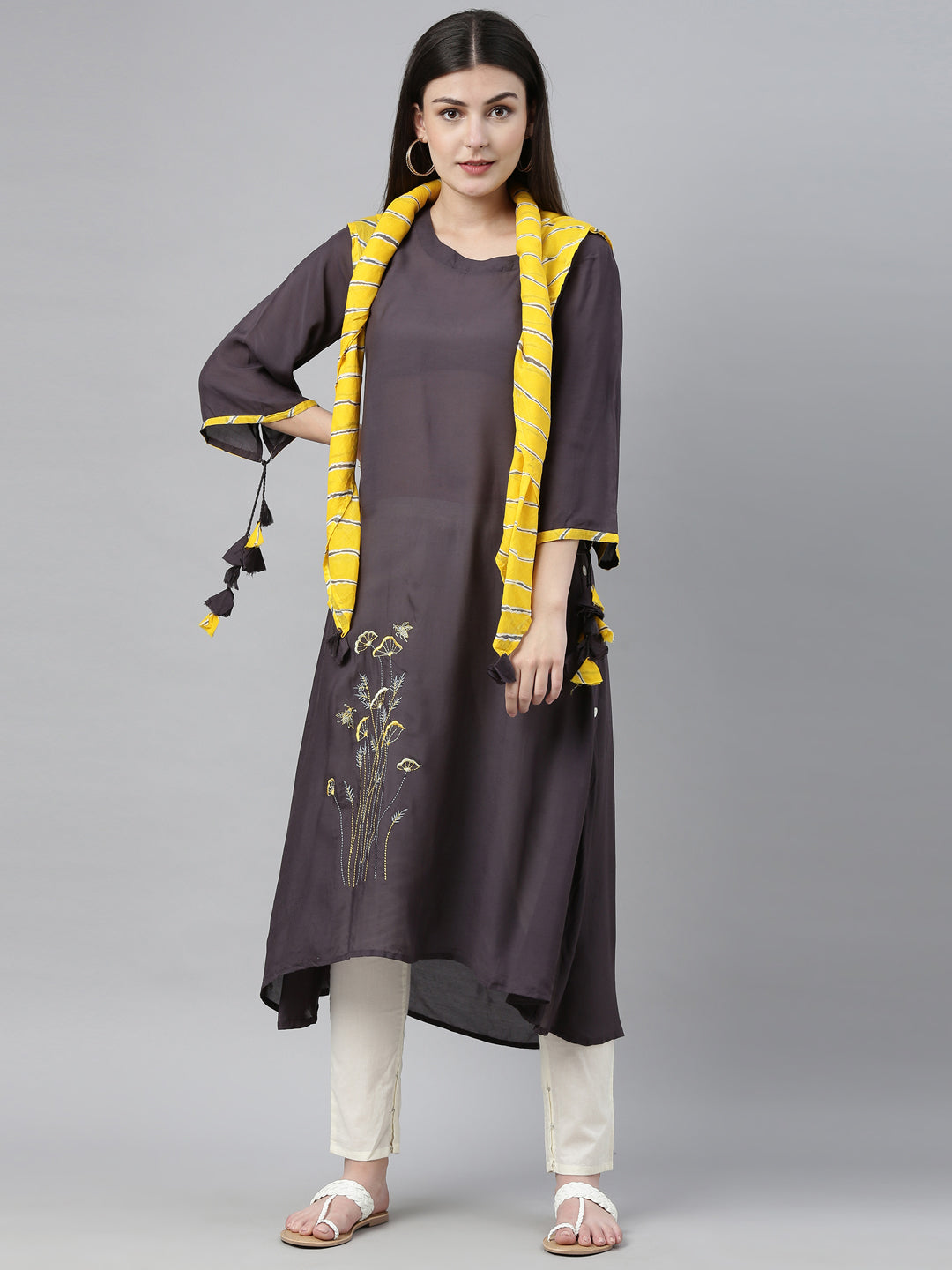 Neeru's Grey Embroidered High Low Kurta