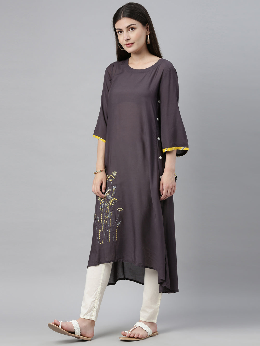 Neeru's Grey Embroidered High Low Kurta