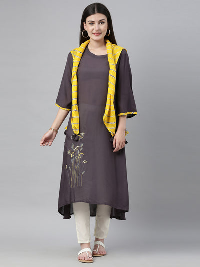 Neeru's Grey Embroidered High Low Kurta