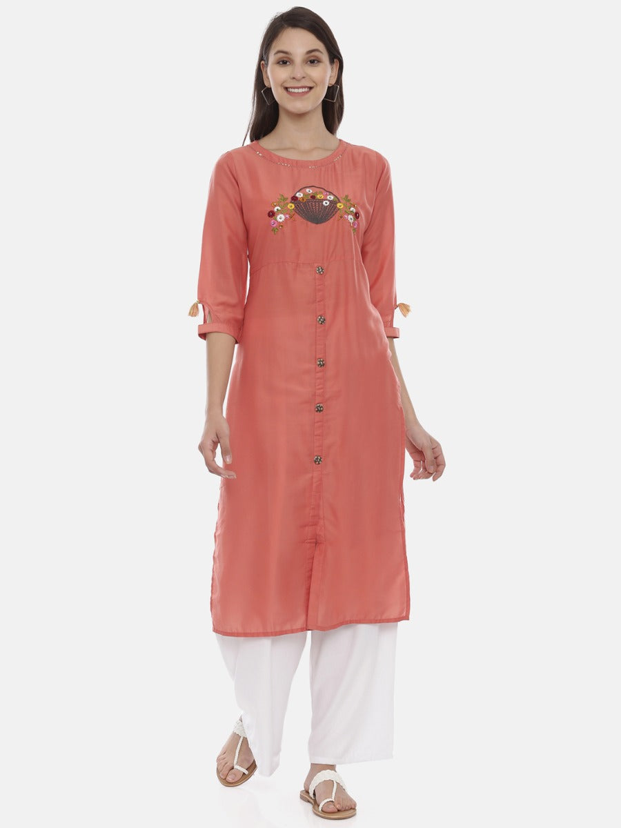 Neeru's Coral Embroidered Straight Kurta