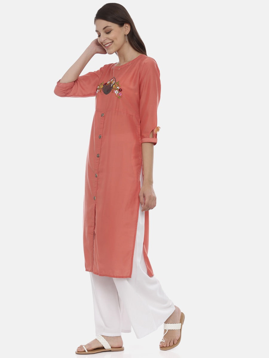 Neeru's Coral Embroidered Straight Kurta