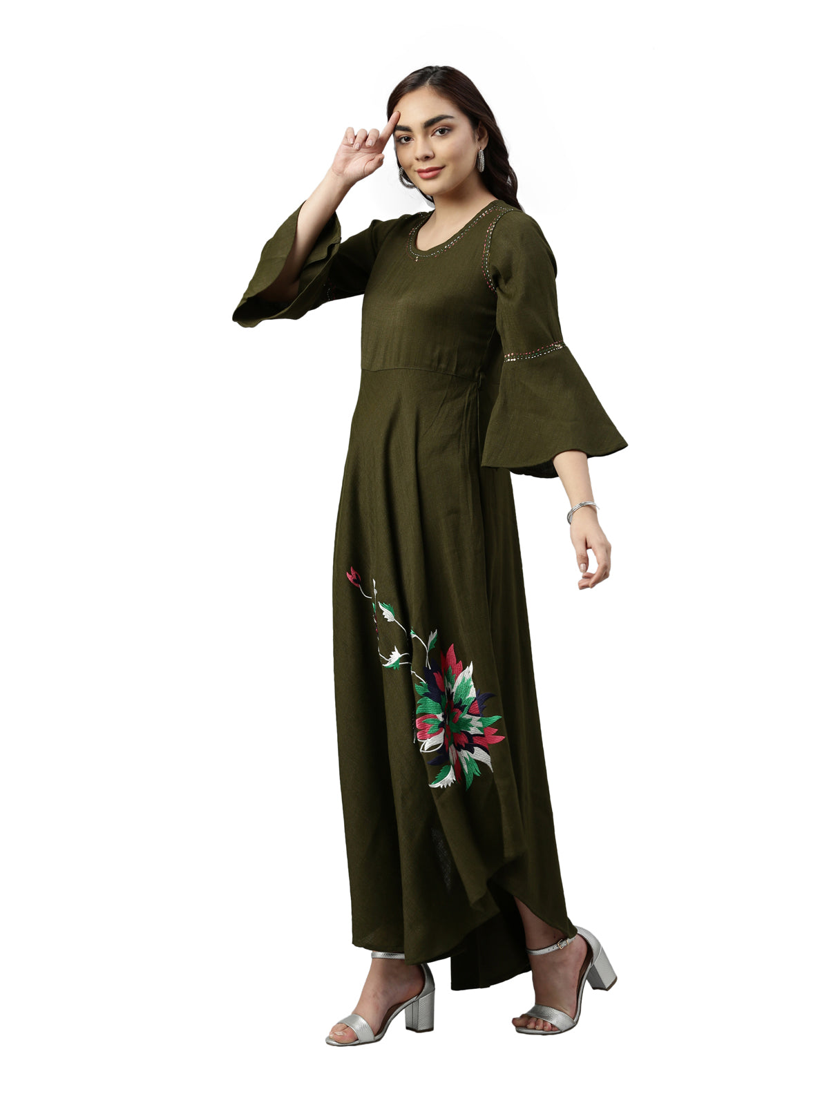 Neeru's Olive Color Slub Rayon Fabric Kurta