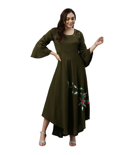 Neeru's Olive Color Slub Rayon Fabric Kurta