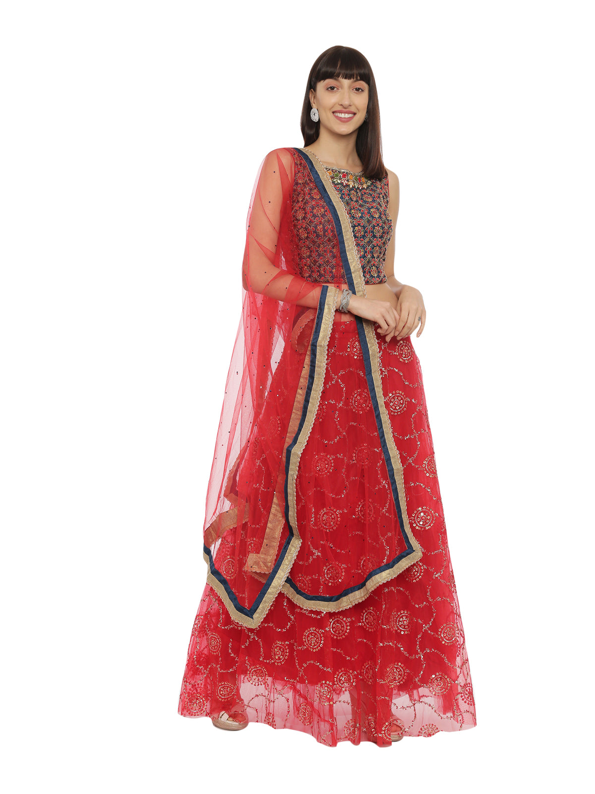 Neeru's Blue & Red Embroidered Lehenga Set