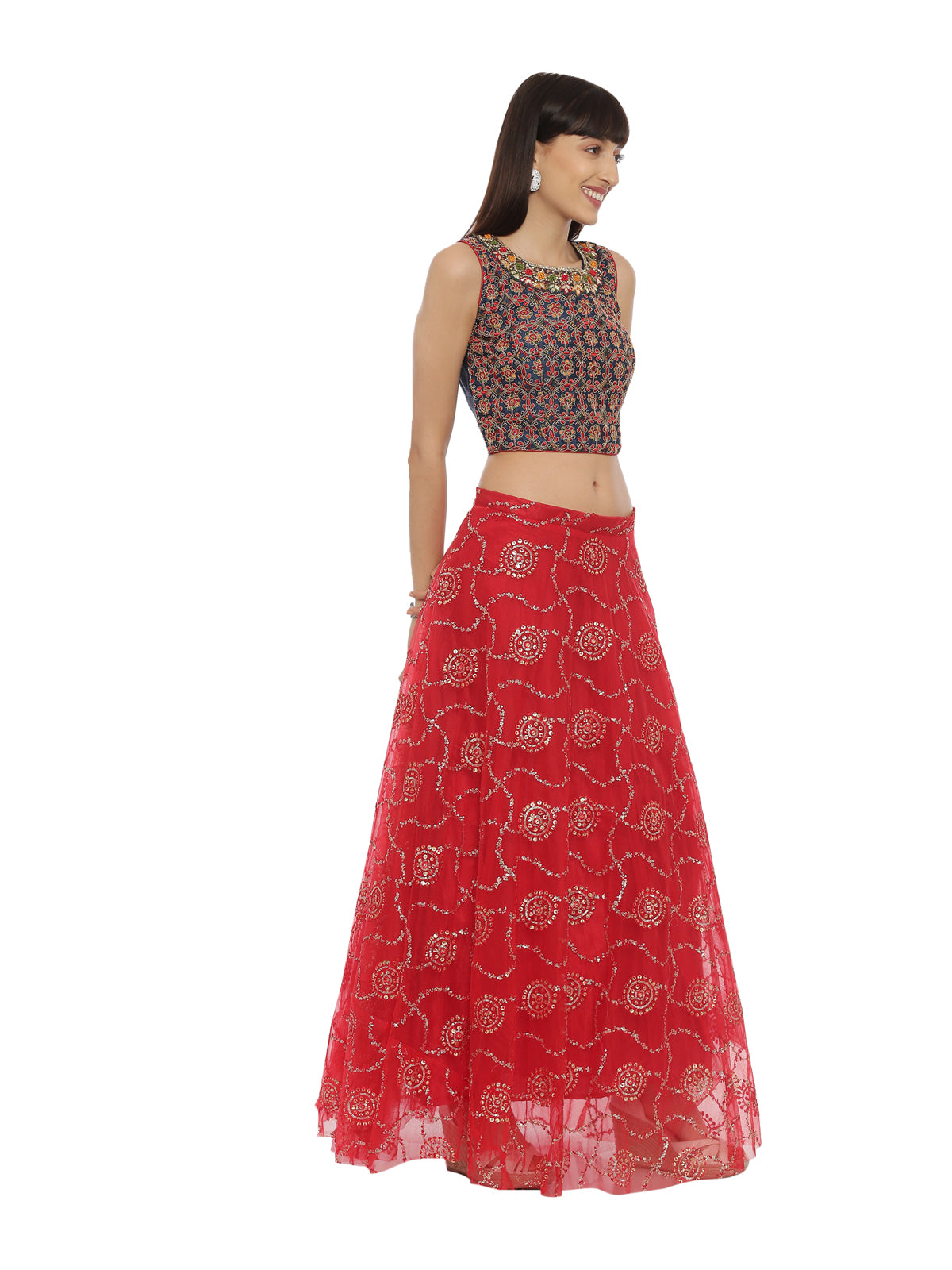 Neeru's Blue & Red Embroidered Lehenga Set