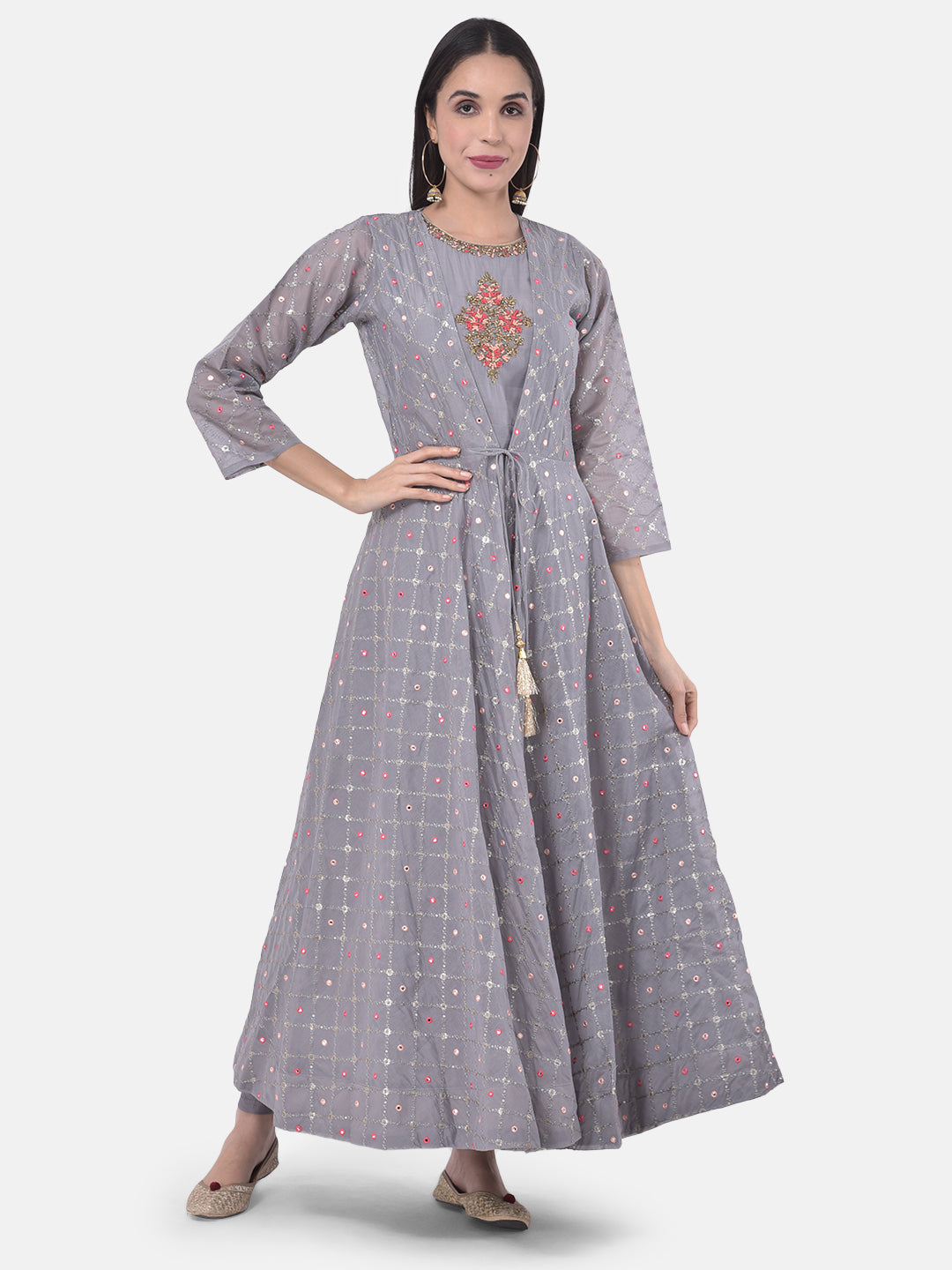 Neeru's Grey Color Chanderi Fabric Suit-Fusion