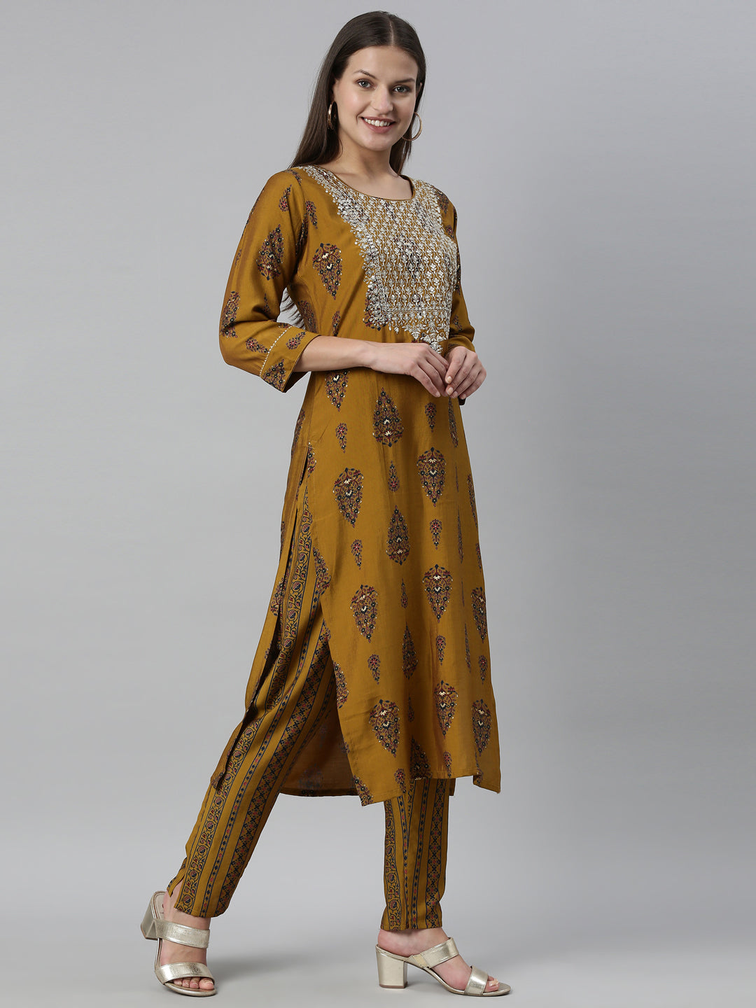 Neeru's Gold Color Model Fabric Kurta Set