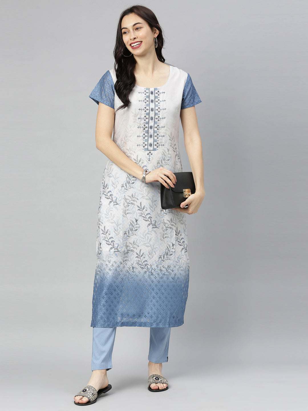 Neeru's Blue Printed Straight Kurta