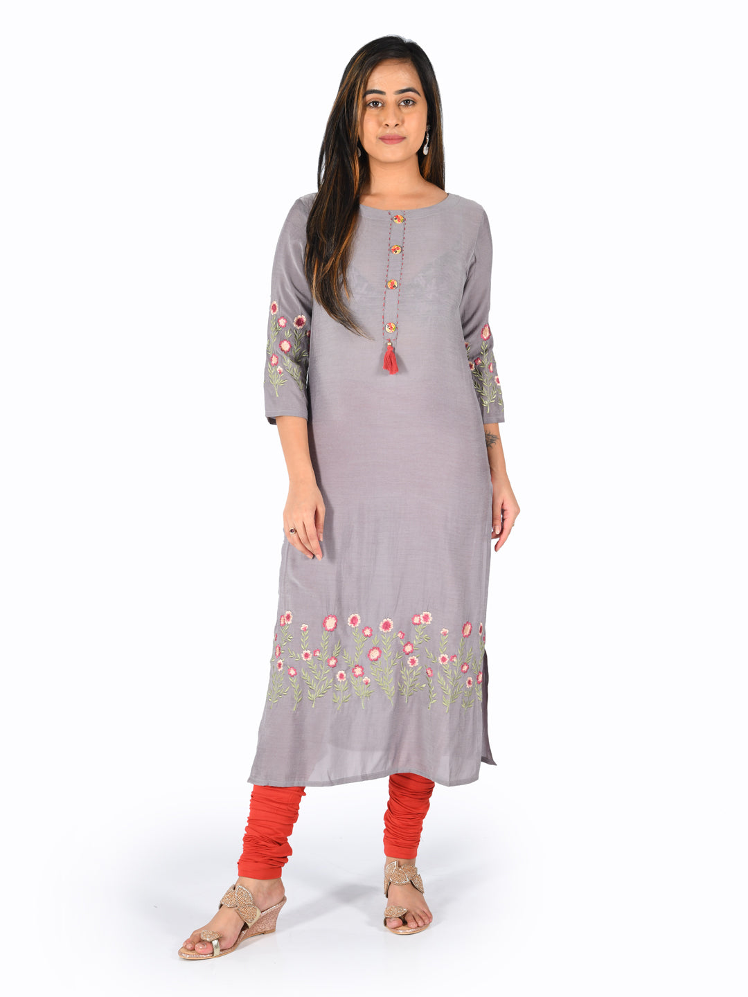 Neeru's Grey Embroidered Straight Kurta