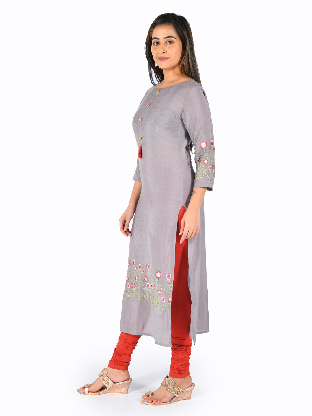 Neeru's Grey Embroidered Straight Kurta