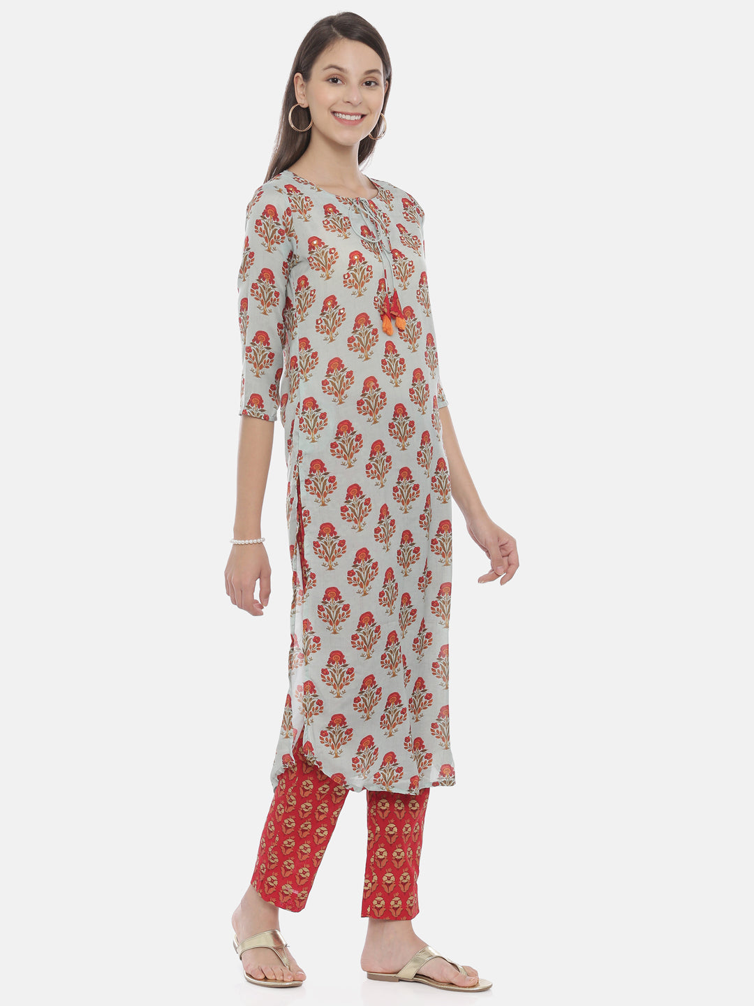 Neeru's Blue & Red Printed Kurta Pant Set