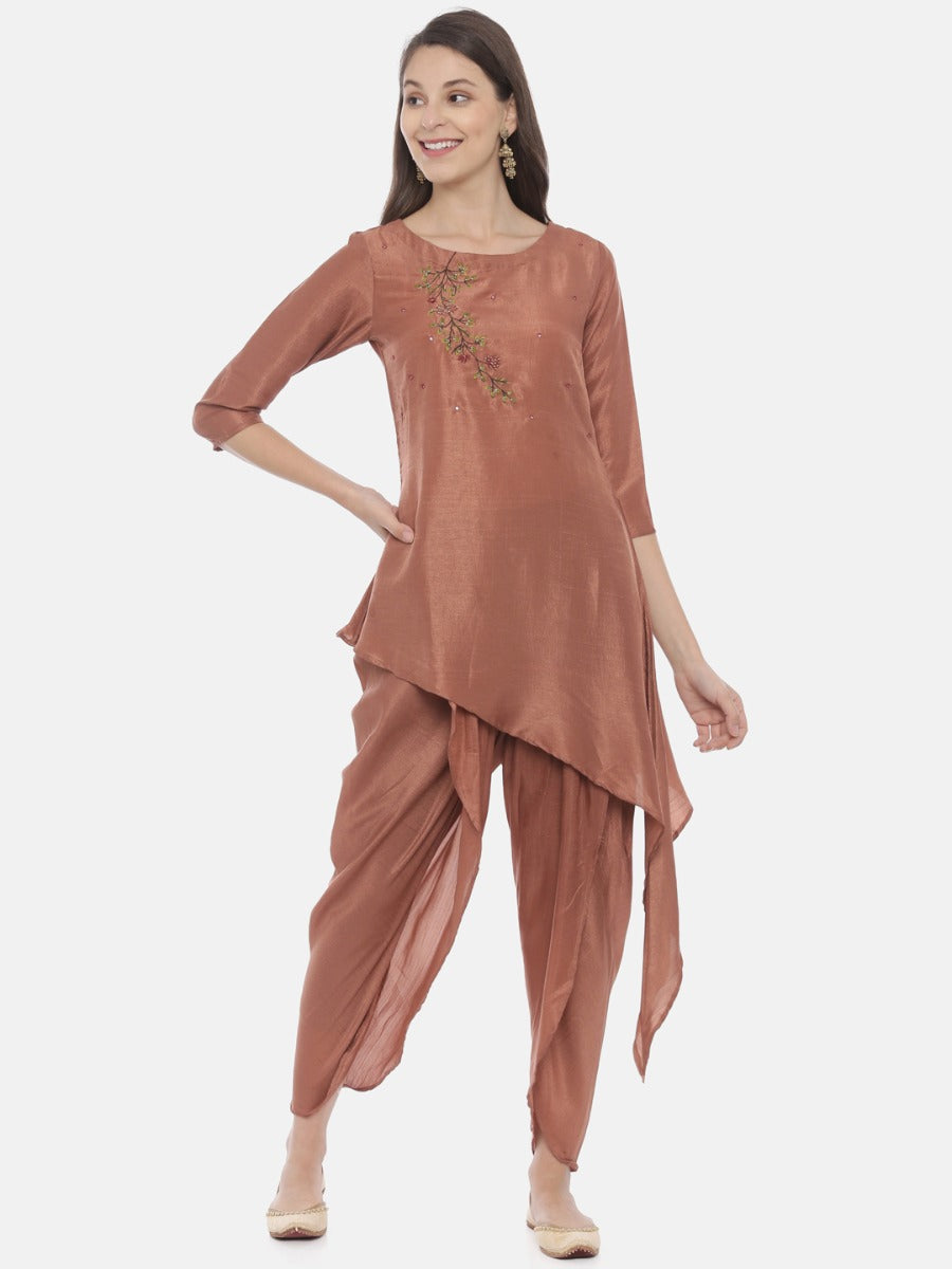 Neeru's Brown Embroidered Kurta Dhoti Pant Set