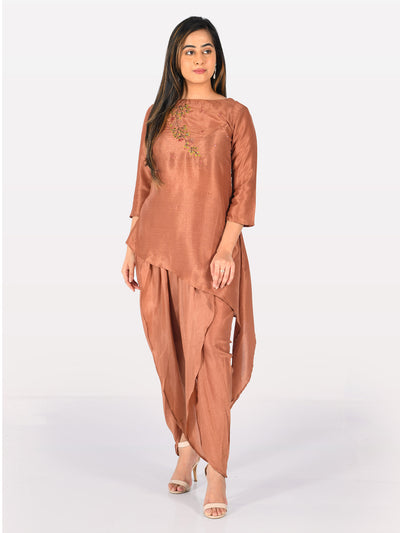 Neeru's Brown Embroidered Kurta Dhoti Pant Set