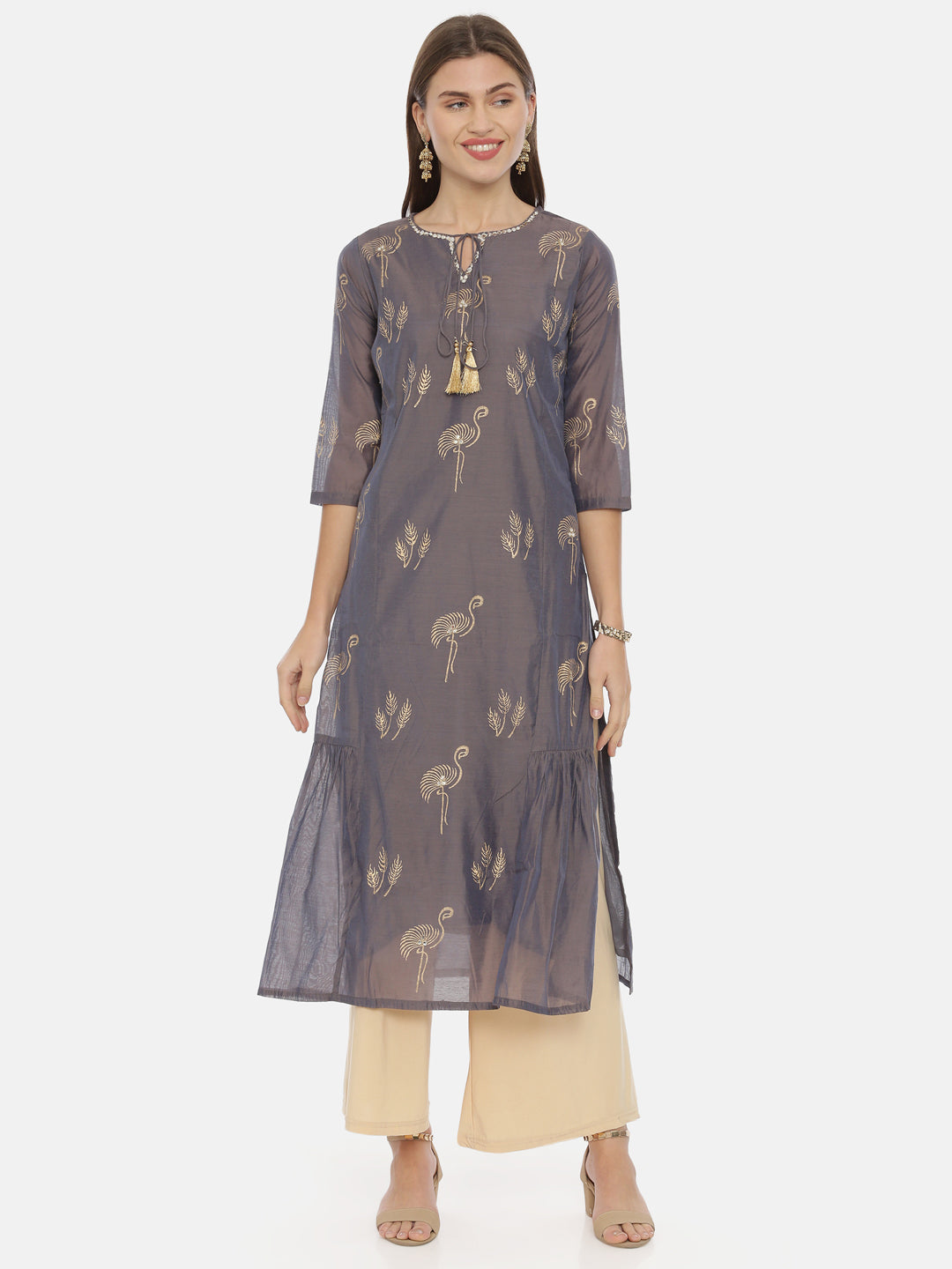 Neeru's Grey Printed Straight Kurta