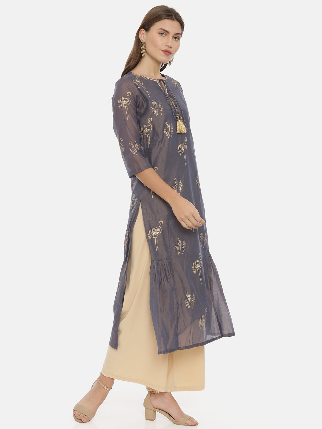 Neeru's Grey Printed Straight Kurta