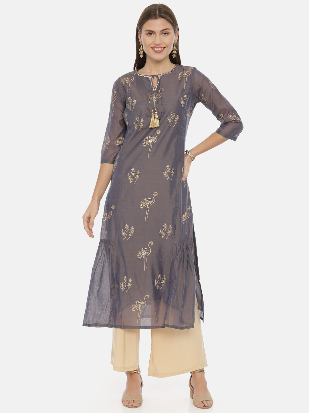 Neeru's Grey Printed Straight Kurta