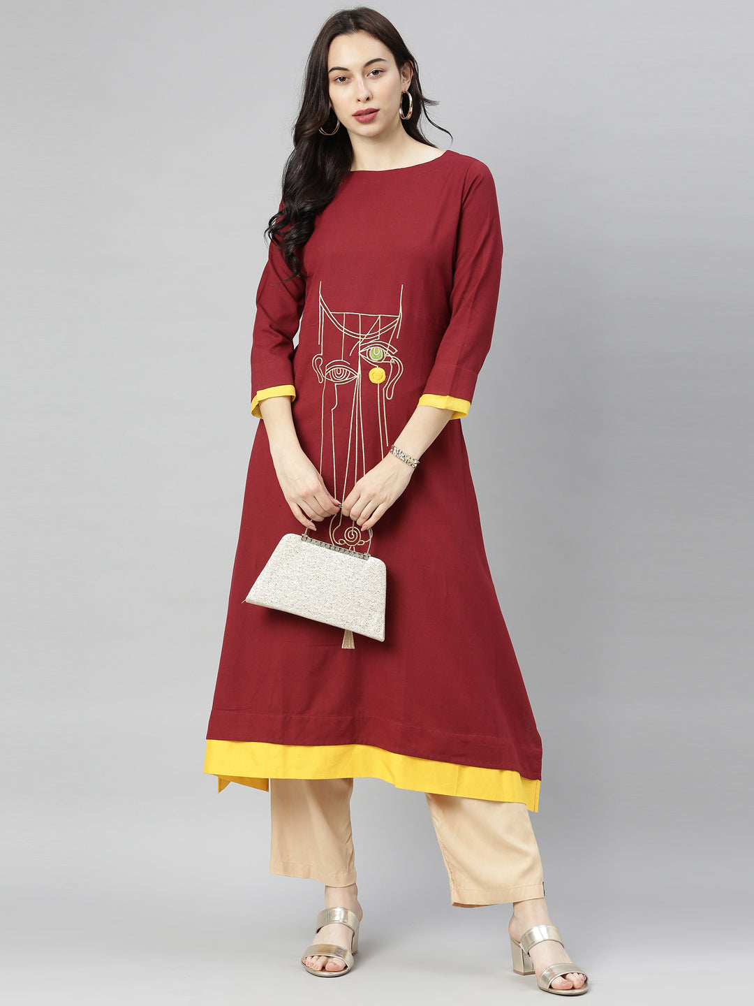 Neeru's Maroon Embroidered A Line Kurta