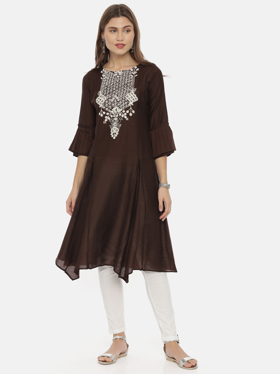 Neeru's Brown Embroidered A Line Kurta