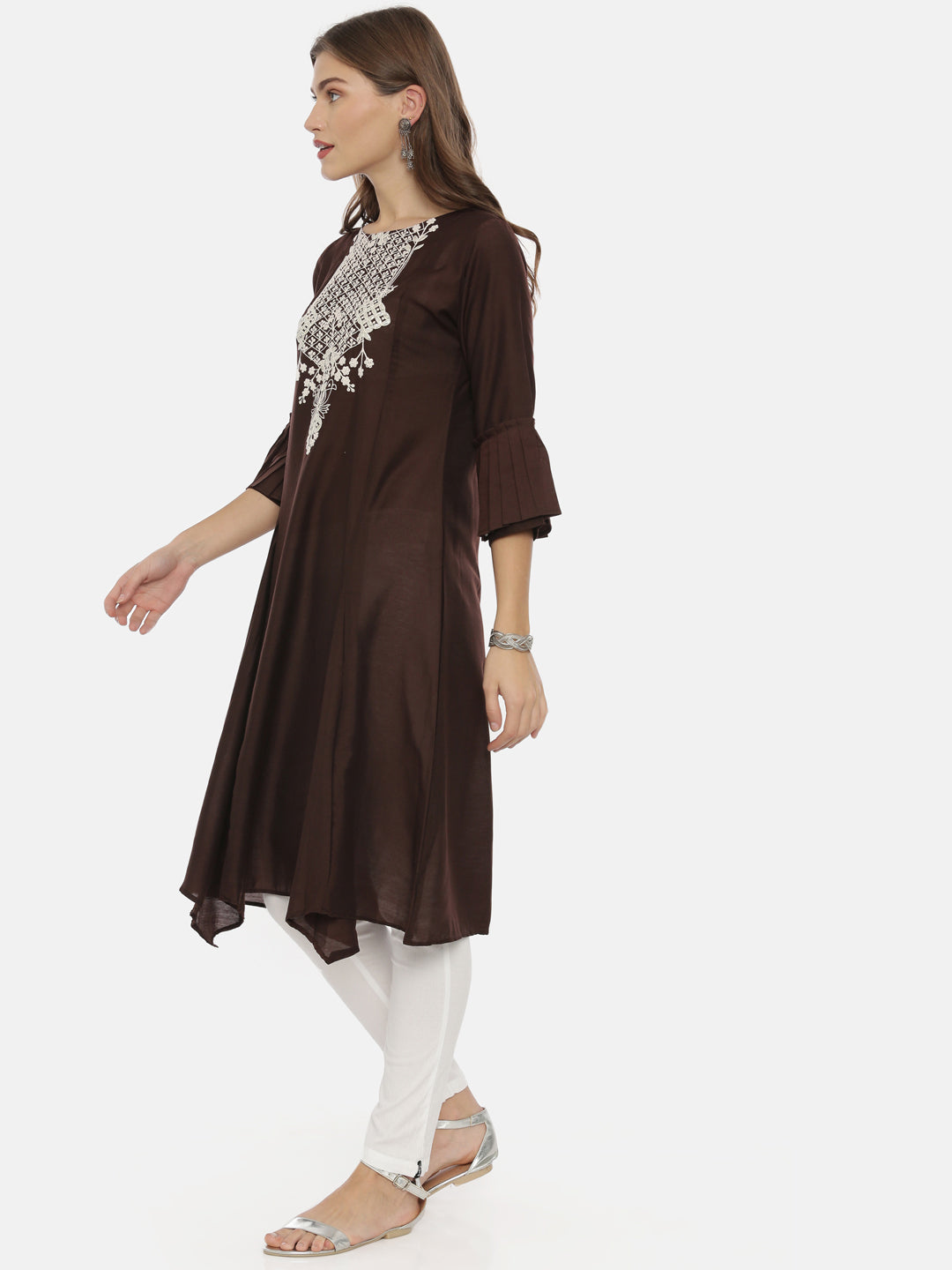 Neeru's Brown Embroidered A Line Kurta