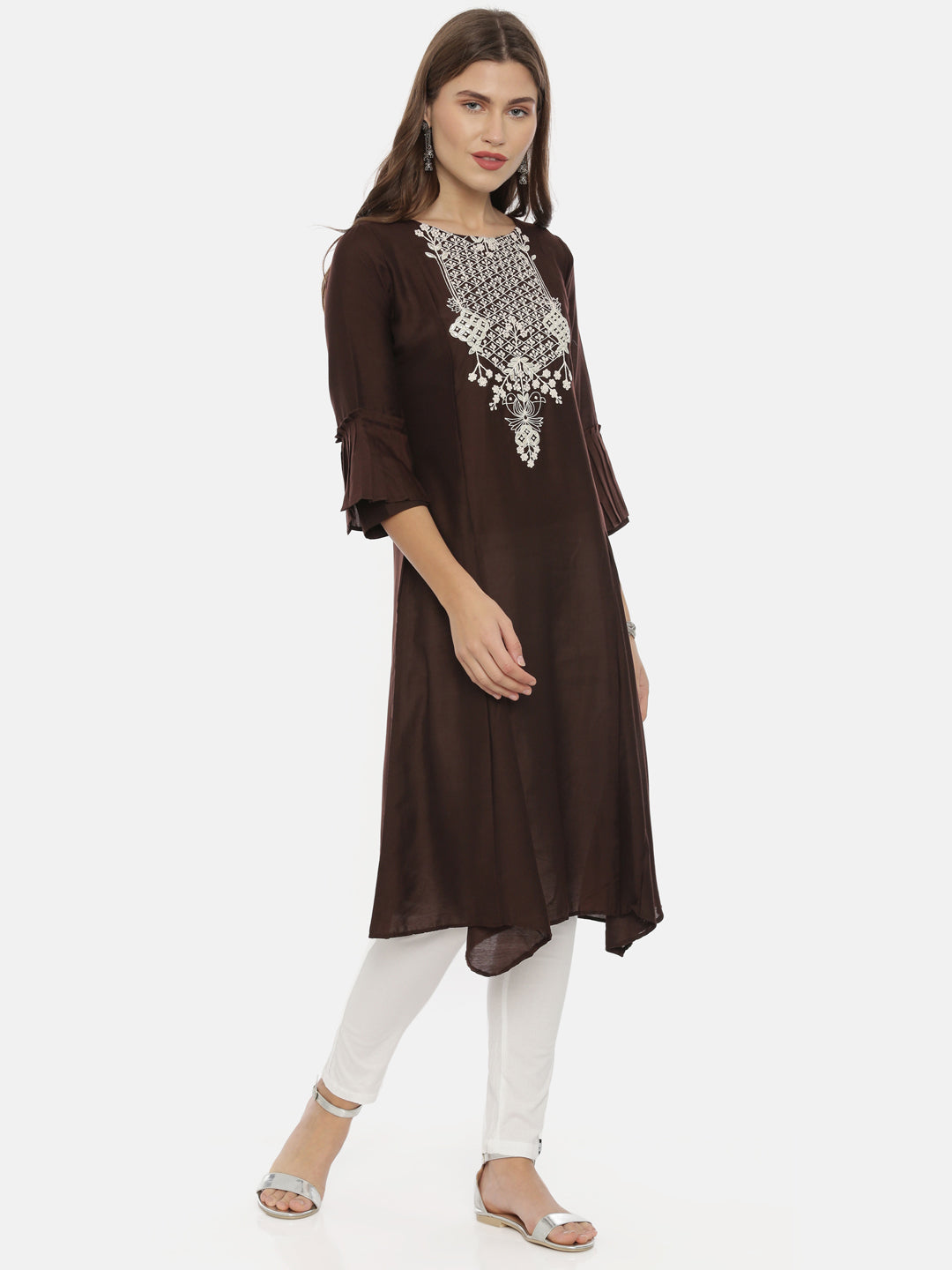 Neeru's Brown Embroidered A Line Kurta