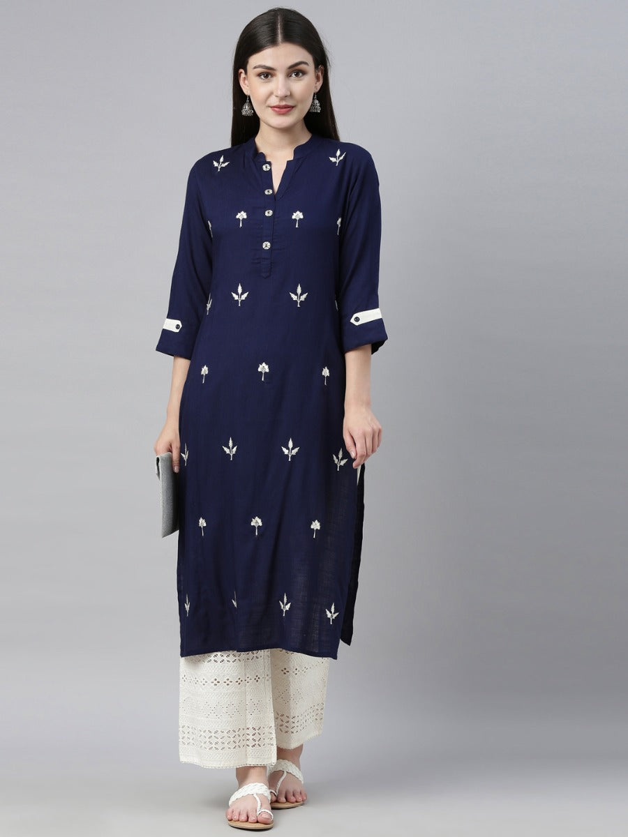 Neeru's Navy & Off White Embroidered Kurta & Palazzo Set