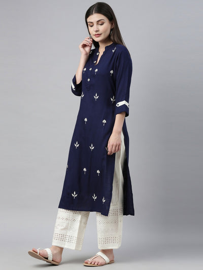 Neeru's Navy & Off White Embroidered Kurta & Palazzo Set