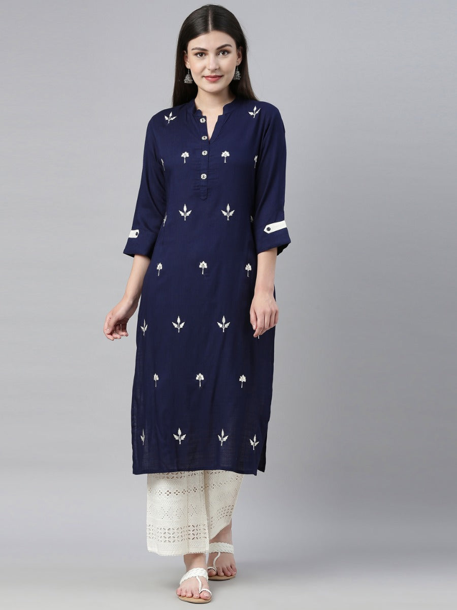 Neeru's Navy & Off White Embroidered Kurta & Palazzo Set