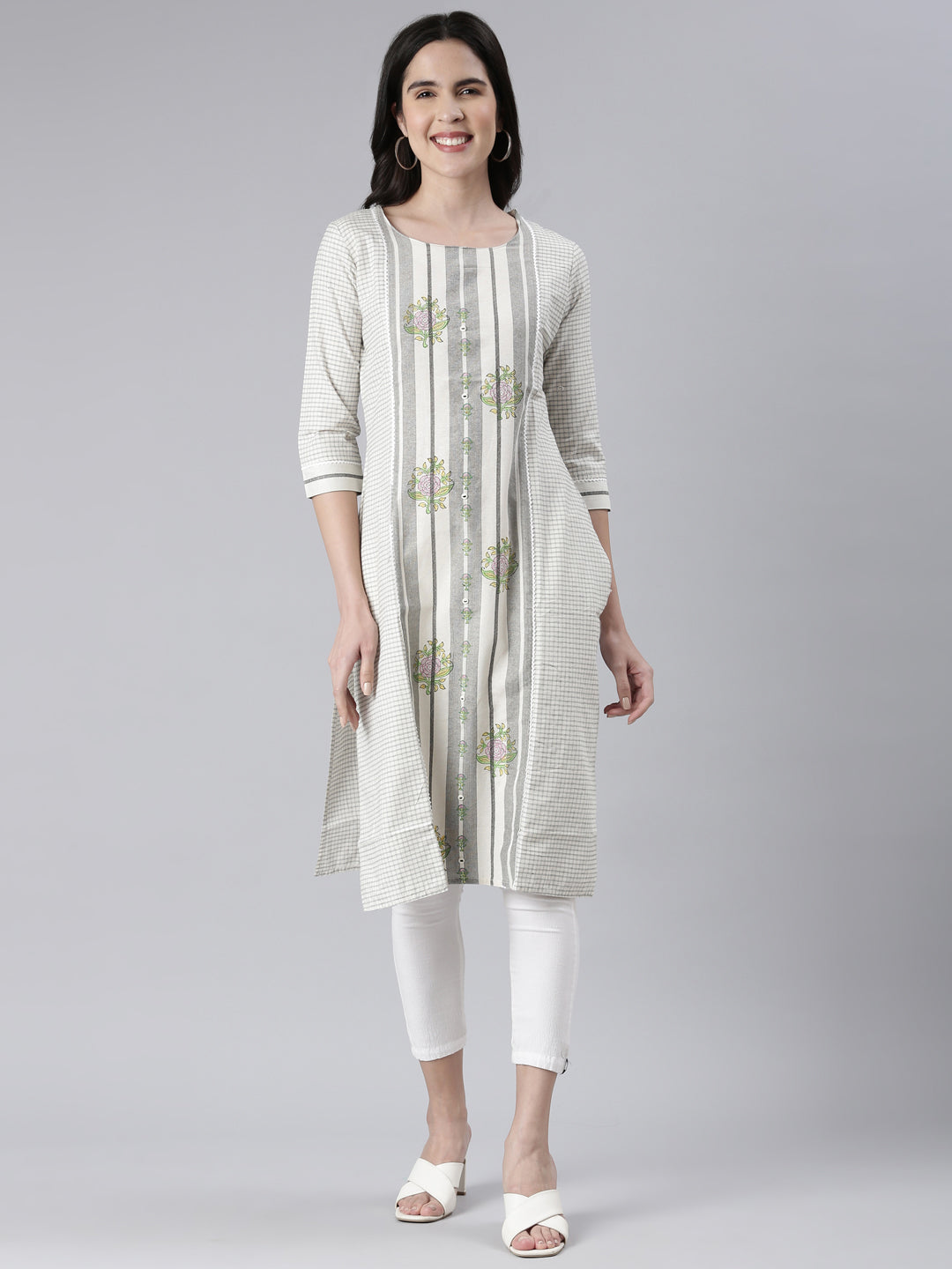 Neeru's Off White Straight Printed Cotton Kurtas