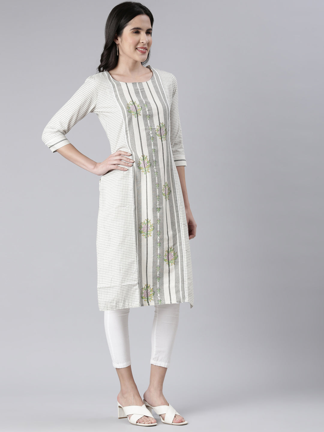 Neeru's Off White Straight Printed Cotton Kurtas