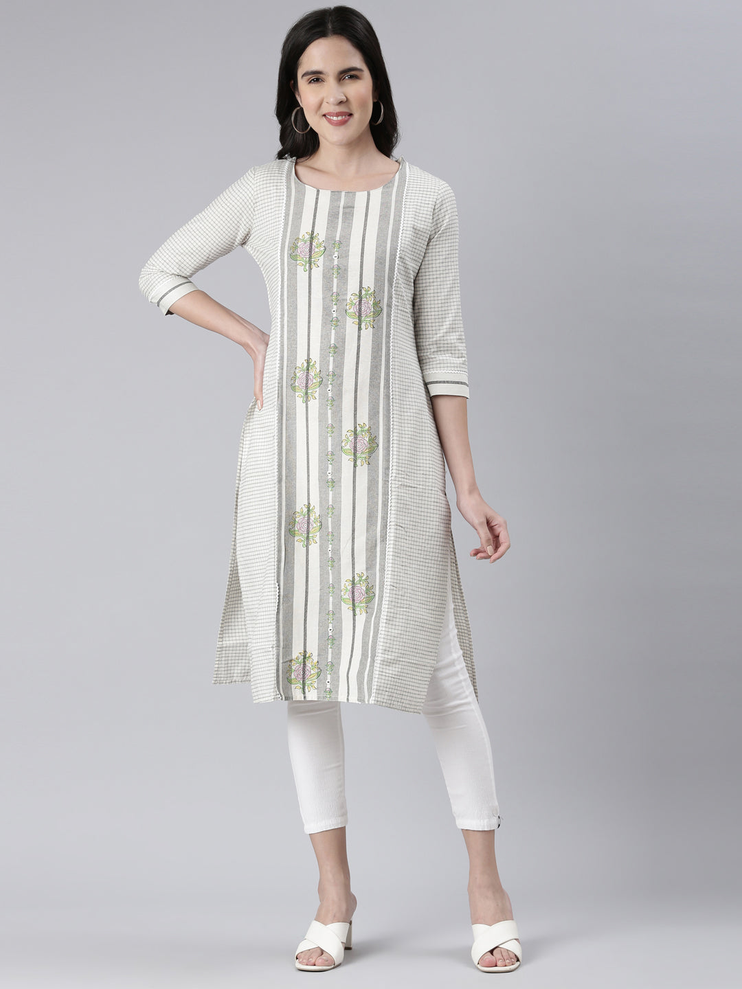 Neeru's Off White Straight Printed Cotton Kurtas