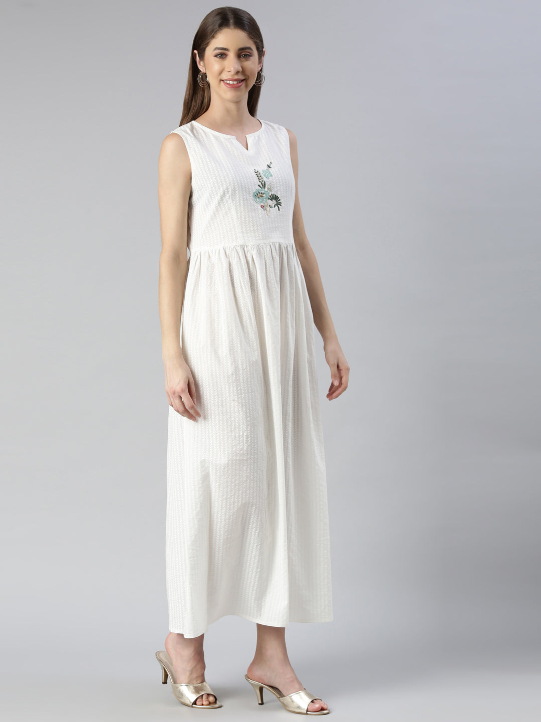 Neeru's Cream Maxi Casual Solid Dresses