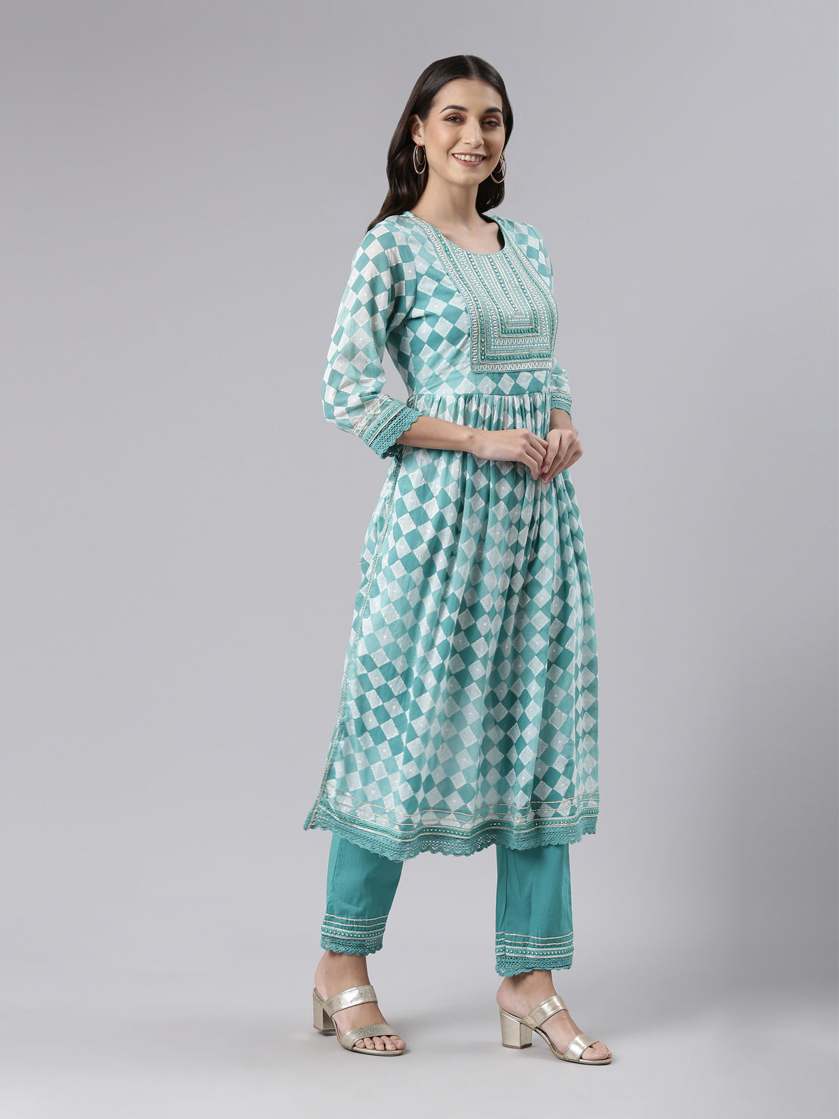 Neeru's Sea Green Regular Calf Length Embroidered Kurta Solid Palazzos With Dupatta