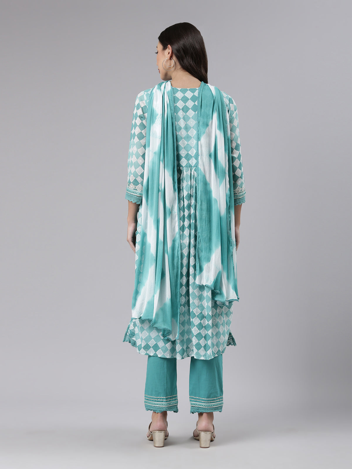 Neeru's Sea Green Regular Calf Length Embroidered Kurta Solid Palazzos With Dupatta