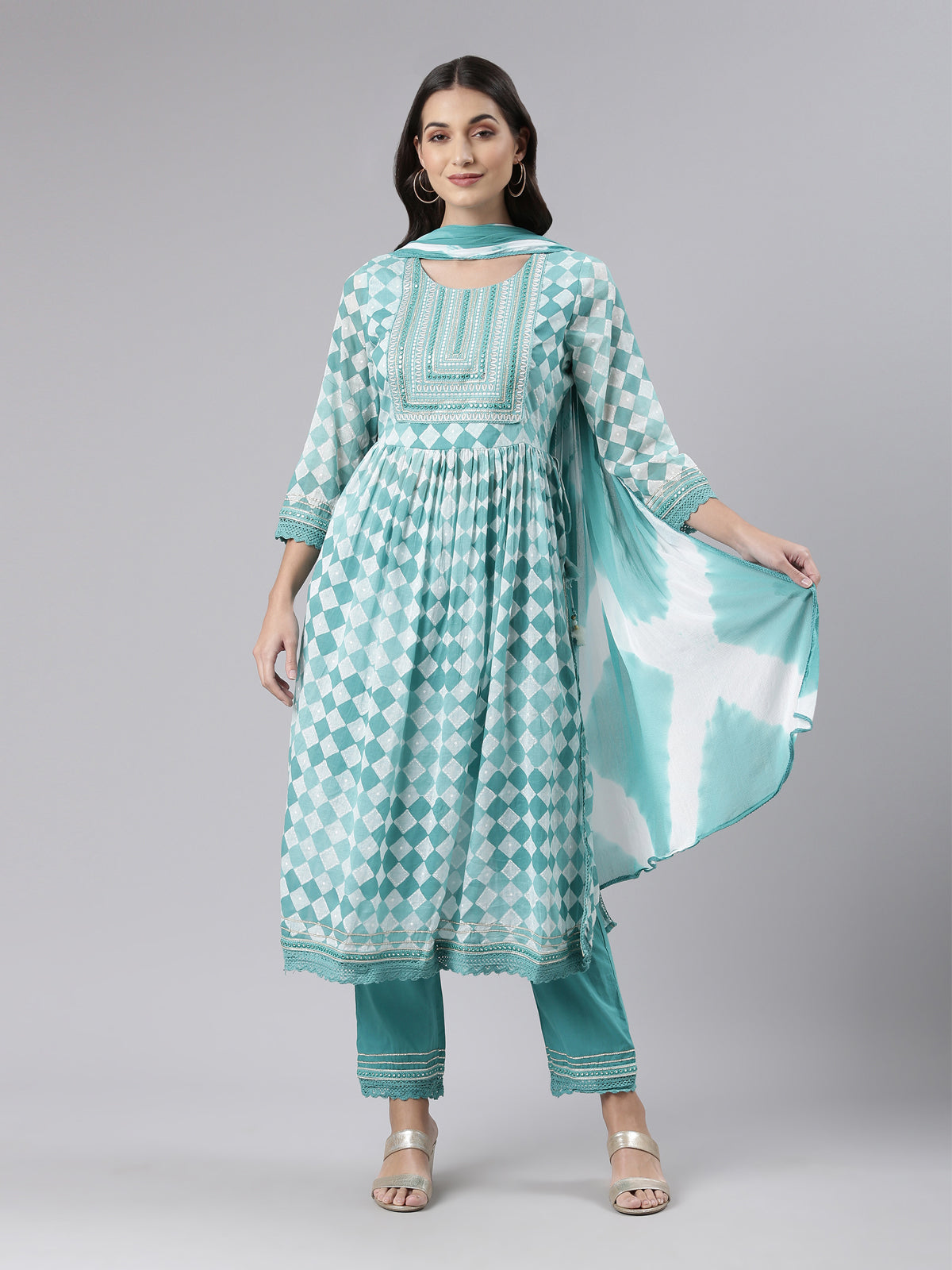 Neeru's Sea Green Regular Calf Length Embroidered Kurta Solid Palazzos With Dupatta